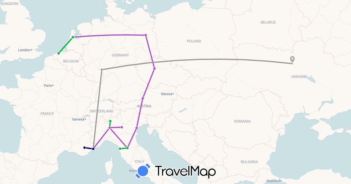 TravelMap itinerary: driving, bus, plane, train in Austria, Belgium, Czech Republic, Germany, France, Italy, Netherlands, Ukraine (Europe)